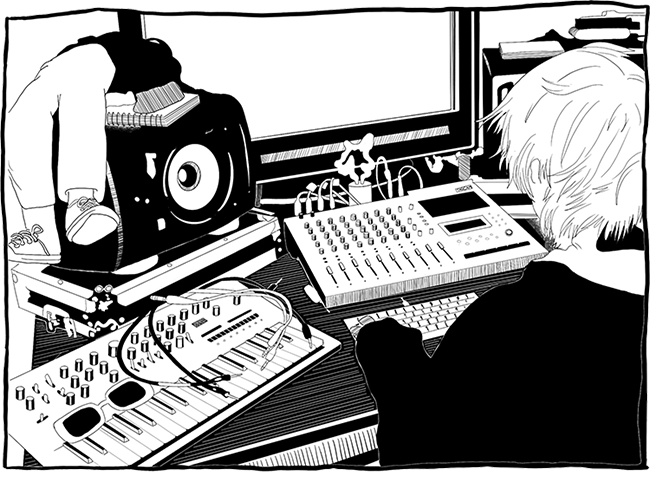 Drawing of John Hoffman Mixing at a Portastudio 488